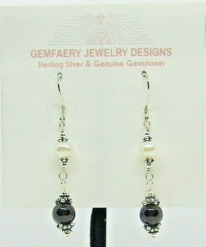Sterling Silver Victorian GARNET & PEARL Gemstone Earrings #1412…Handmade USA