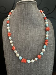 Handmade Coral, Turquoise & Pearl Beaded Necklace – Women Jewelry