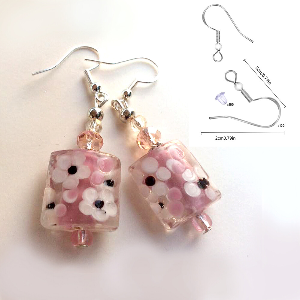 .925 Silver Hook Lampwork Glass Beads Pink – Hook Dangle Earrings (#E11n)