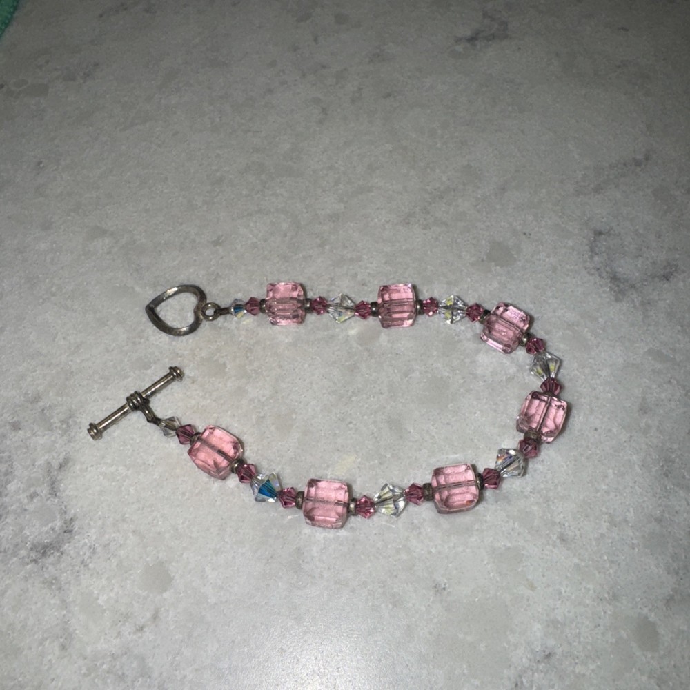 Handmade Pink And White Stone 7.5 inch bracelet.