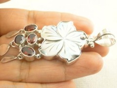 Mother of Pearl Mop Flower Red Garnet Cluster 925 Sterling Silver Pendant