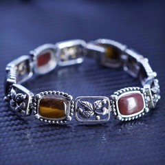 7.25”, Mexican sterling silver 925 tennis bracelet gold tigers eye jasper onyx