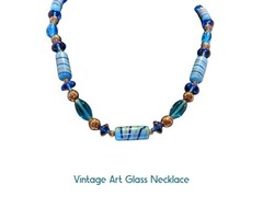 Vintage Blue Glass Beaded Necklace 22” Art Deco Striped Porcelain Brass Handmade