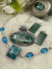 💝925 Silver Azurite-Malachite Necklace, Earrings, Bracelet, Ring/8.5