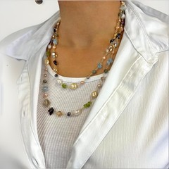 Handcrafted Wire Wrapped Gemstone Freshwater Pearl Station Necklace 45”