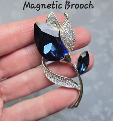 Large Dark Blue Floral MAGNETIC brooch silver-tone AB. Pin Free Magnetic clasp