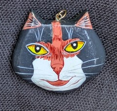 Hand Painted Wooden Calico Cat Pendant – Black, White & Orange Kitty Jewelry C21