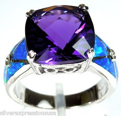 Huge Amethyst and Blue Fire Opal Inlay Solid 925 Sterling Silver Ring Sz 6,7,8,9