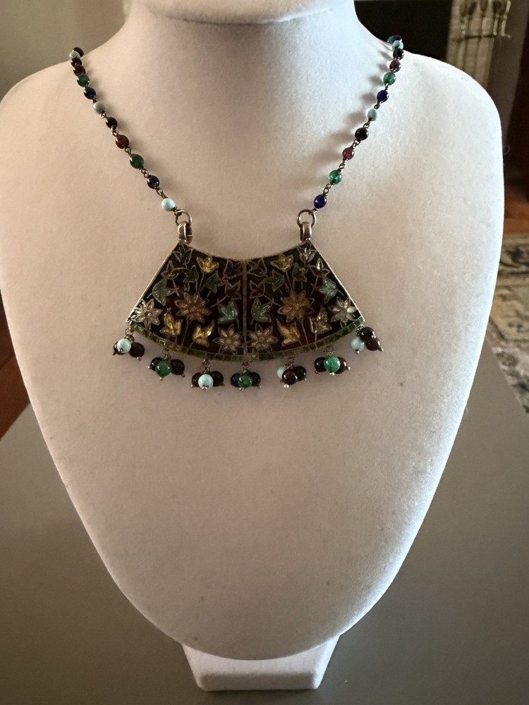 Vintage Meenakari India Silver and enamel on beaded chain Necklace 19”