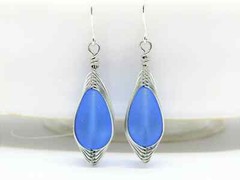 Sterling Silver Teardrop Earrings Frosted Sea Glass Silver Wire Braided Ladies