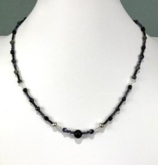 Glass Bead Necklace, Black and Sterling Silver, 18.5 inch