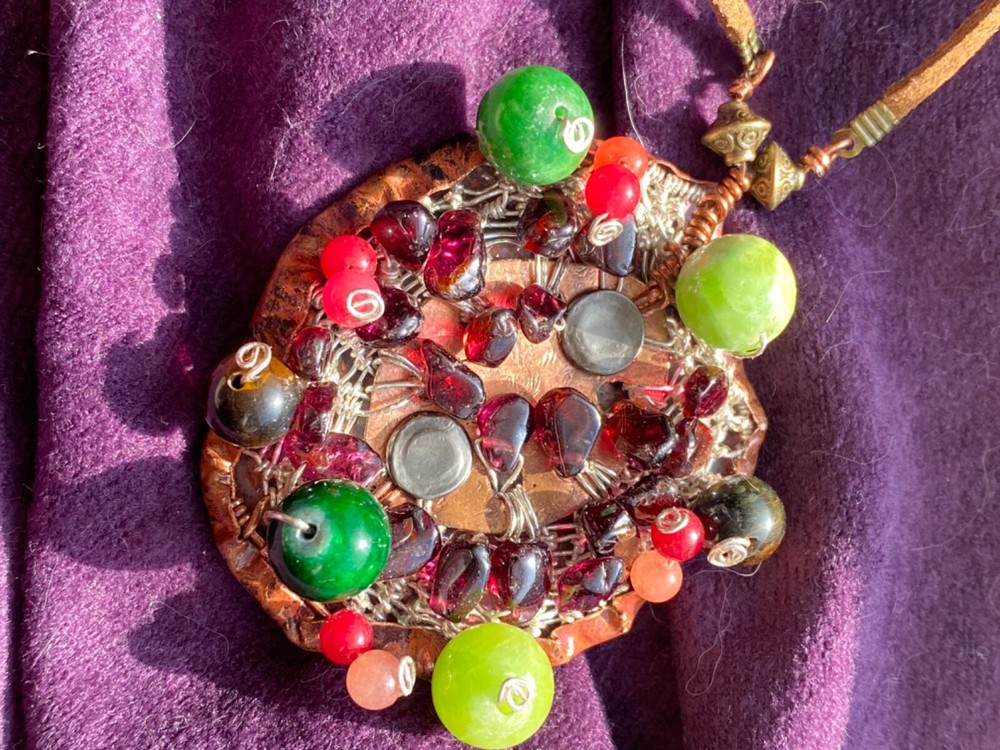Natural Quartzite, Garnet, and Tiger’s Eye Copper Necklace. Mixed media jewelry.