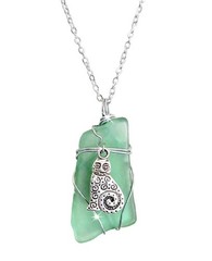 Seafoam Green Sea Glass Cat Pendant Necklace Wire Wrapped 20″ Stainless Chain