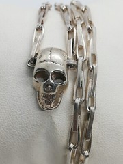 .925 Solid Silver Biker Head Skull Pendant and Bones Chain New.