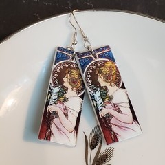Art Nouveau Alfonse Mucha Painting Lucite Acrylic Rectangle Pendant Earrings