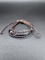 Braided Leather Bracelet with Silver Feather Charm, Adjustable, Brown Unisex