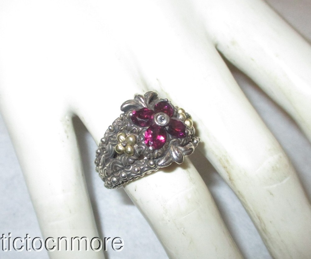 DESIGNER BARBARA BIXBY JEZZABEL FLOWER RHODOLITE RING 18K GOLD / STERLING sz7