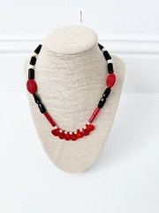 NWT Genuine Red Coral, Carved Cinnabar, Black Onyx & Pearls Necklace Red White