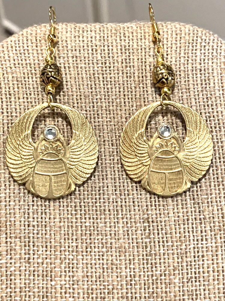 HANDCRAFTED VTG.EGYPTIAN REVIVAL GOLDEN-WINGED SCARAB EARRINGS w/CRYSTAL-NEW