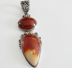 Two Stone 925 Sterling Silver Red-Brown Jasper, Carnelian Sard Pendant w Hinges
