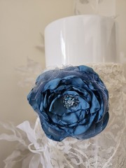 Organza Ribbon Satin Silk Teal Gray Fabric Flower Crystal Brooch Pin Handmade