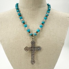 vintage blue beads clear rhinestones Cross Pendant Necklace handmade jewelry
