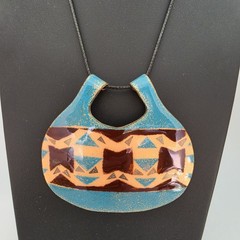 Vtg Southwestern Design Enameled Metalwork Choker Pendant Boho Large Statement