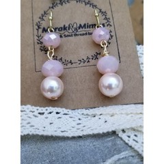 Meraki Mimos Pink Faceted Glass and Pearl Drop Earrings Gold Tone Handmade