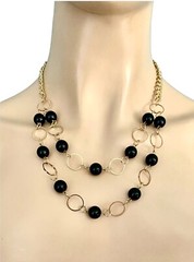 Classic Gold Tone Black Beaded Everyday Casual Lightweight Layered Necklace