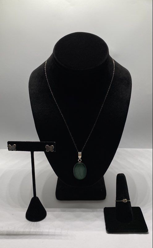 Sterling Silver 925 Malachite Pendant Necklace Butterfly Earrings Knot Ring Set
