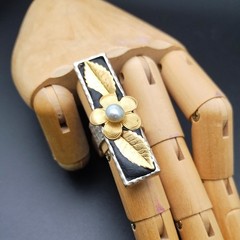 Long Silver n Brass Adjustable Ring w Cultured Freshwater Pearl