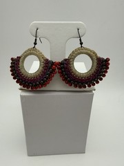 HandcraftedBohemian Beaded Dangle Earrings Red Purple Thread Round Hook Ethnic