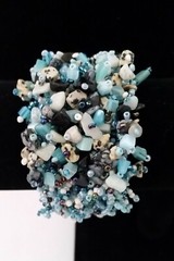 Handmade Bracelet GLASS BEADS AQUA BLUE TURQUOISE PEACOCK BEIGE JASPER 6 inch