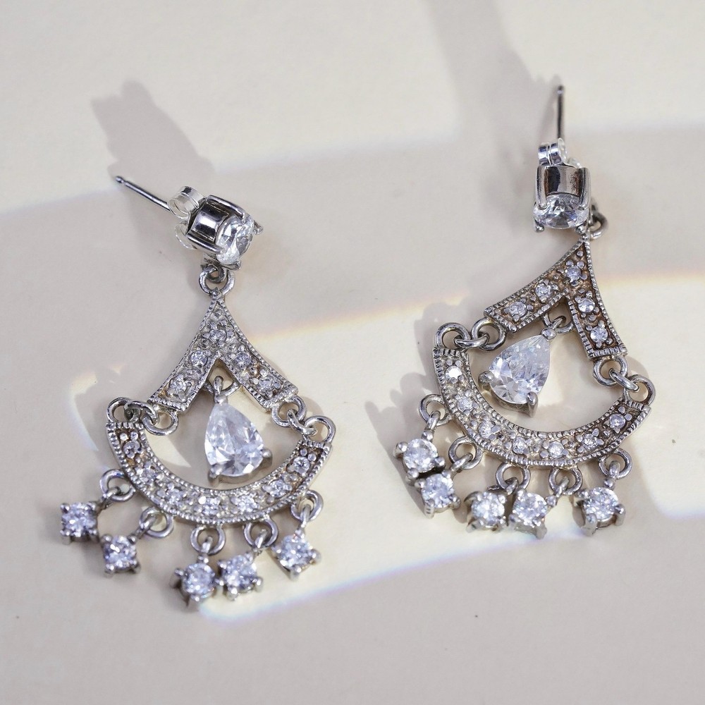 925 Sterling Silver Cluster CZ Chandelier Earrings, Teardrop Wedding Dangles