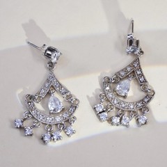 925 Sterling Silver Cluster CZ Chandelier Earrings, Teardrop Wedding Dangles