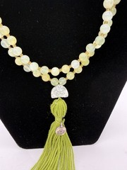 108 Green Lime Jade Beaded Tassel Male Necklace W/ Feng Shui Stone & Lotus Charm