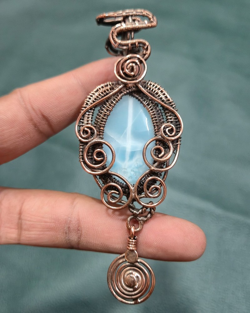 Handmade Larimar Pendant Copper wire Wrap Jewelry Handmade Gemstone Jewelry