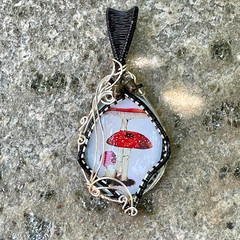 Silver Wire Wrapped Amanita Muscaria Mushroom Glass Pendant Crescent Moon Acorns
