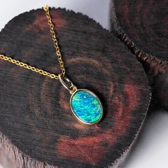 Oval Natural Australian Doublet Opal Pendant Necklace 14k Yellow Gold