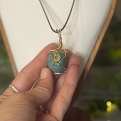 Handmade Chrysocolla Wire Wrapped Pendant Necklace Gold One of a Kind Texas