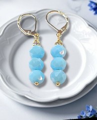 Sky Blue Crystal Earrings Gold Leverback Handmade