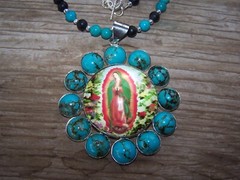 XLarge Turquoise Lady Virgin Of Guadalupe Mother Mary Beaded Pendant Necklace