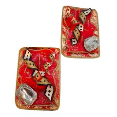 Artisan Earrings Hand Painted Paper Mache Rhinestone Red Gold 80s Signed B11