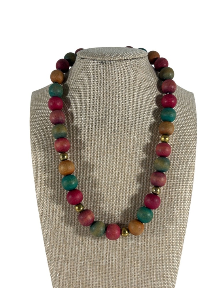Handcrafted Matte Wood Beaded Necklace Red Green Brown Brass Spacers