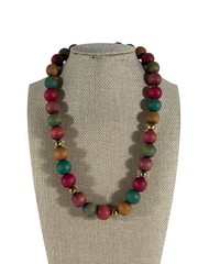 Handcrafted Matte Wood Beaded Necklace Red Green Brown Brass Spacers
