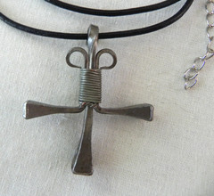 Wire Wrapped Cross Pendant Necklace Brown Leather Cord Rustic Nails Handmade