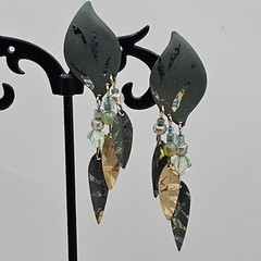 Handmade Artisan Leaf Dangle Earrings Patina Metal Glass Bead Boho Nature Green