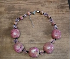 Handmade Pink Ceramic Stone And Beaded Necklace