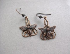 Art Deco Earrings Bumble Bee Bohemian Antiqued Copper Brass Vintage Design Gift