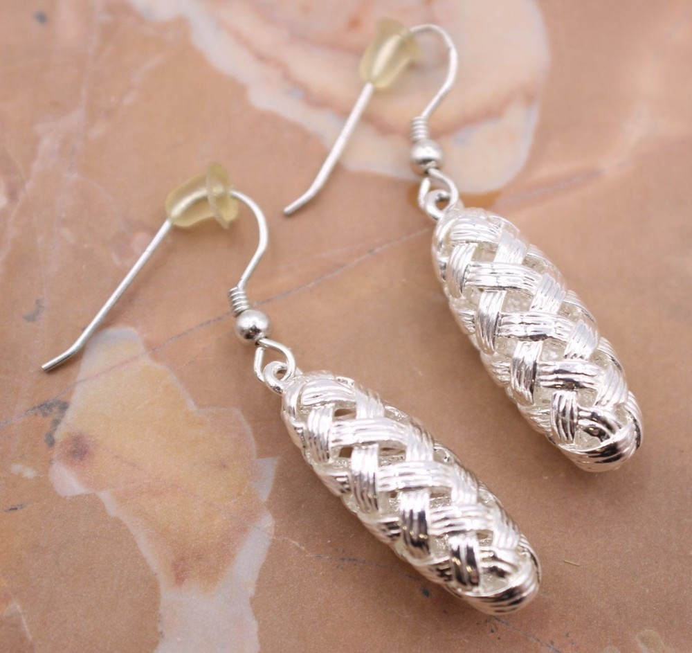 Fine Silver Earrings Woven Basketweave Dangle Ethnic Tribal Oval Drop Artisan